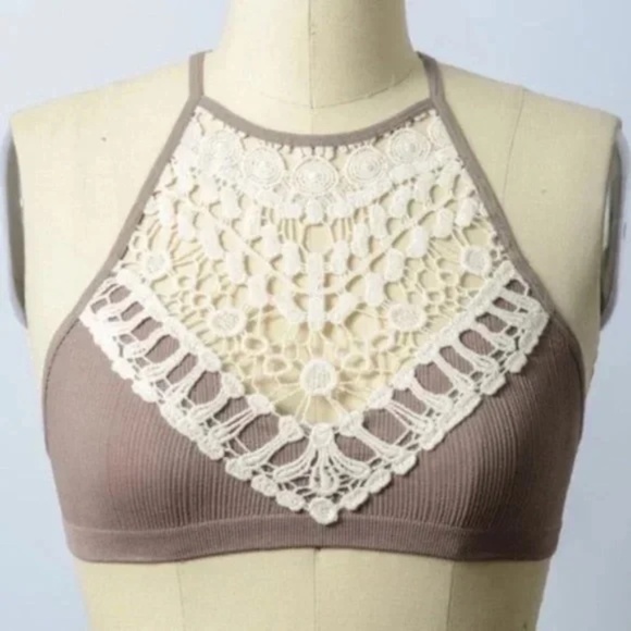 Blush Light Pink Boho Crochet Lace Detail High Neck Bralette - Picture 7 of 7